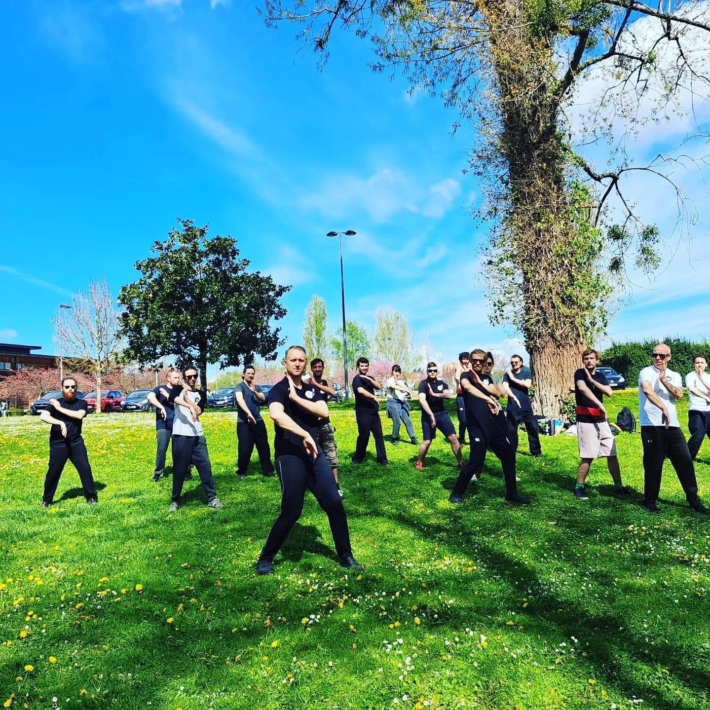Un groupe pratiquant une forme de Wing Chun en extérieur